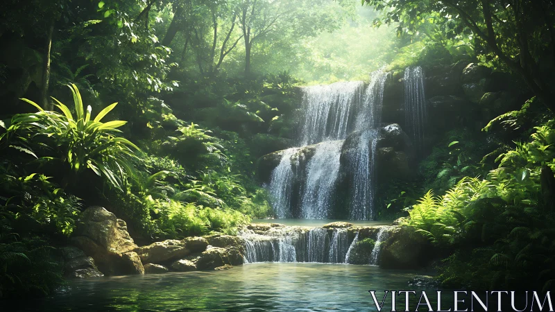 Sunlit forest waterfall flows gently into a quiet lagoon