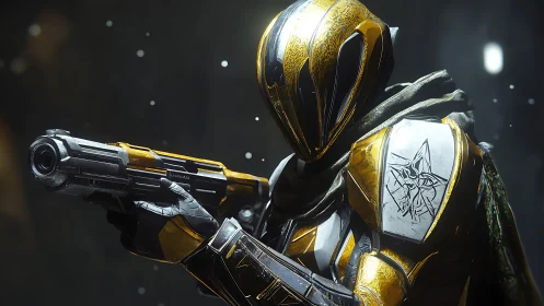 Armored sci fi guardian aiming pistol in moody light.