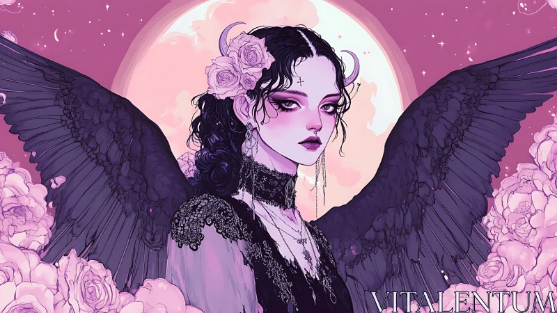 Gothic dark angel with black wings and pink moon backdrop