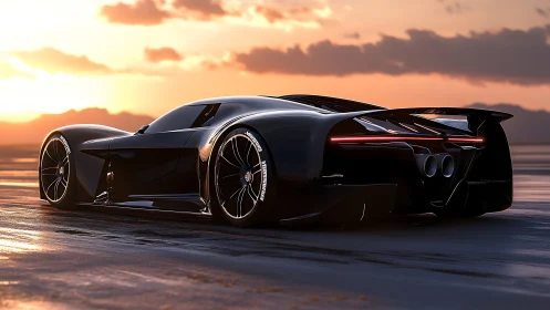 Midnight hypercar prowls a molten sunset runway horizon.