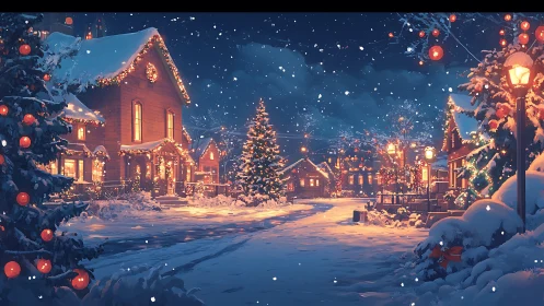 Snowy village street glowing with cozy holiday lights.