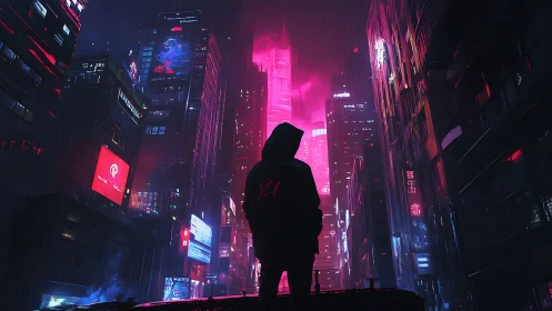 Cyberpunk neon canyon with lone silhouette in rain-soaked cityscape.