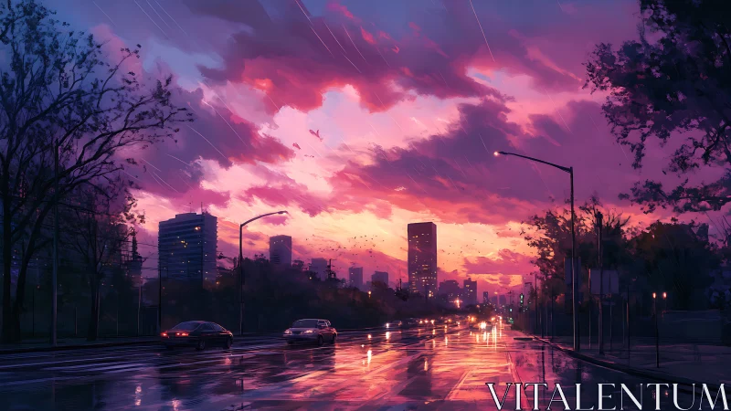 Neon rain polishes a sunset city into mirrored dreams