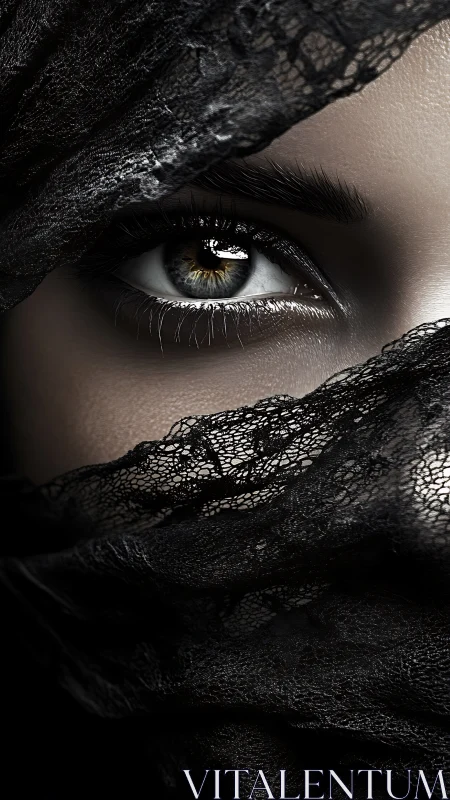 Glimmering eye framed by midnight lace and quiet mystery.