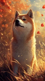 Shiba inu in tall grass under falling autumn leaves.