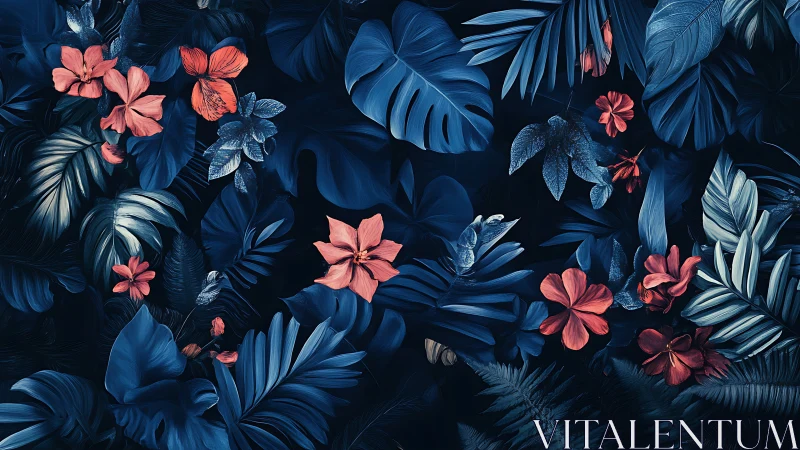 Tropical Floral Pattern with Coral Blooms on Navy Background