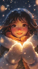 Girl in winter clothing holding snow under warm light.