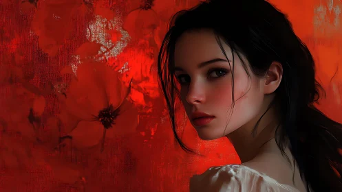 Soft gaze in scarlet light against whispering flowers.