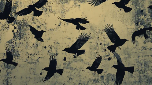 Graceful black birds drift across a weathered golden sky