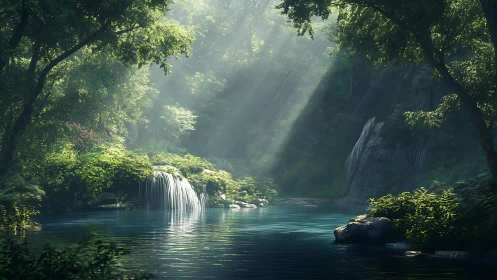 Cascading Waterfalls in Dense Tropical Rainforest Gorge with Volumetric Light