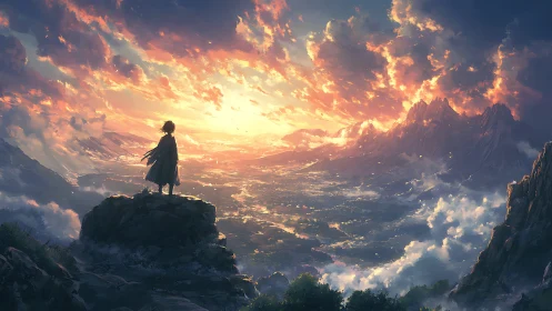 Wanderer greeting a glowing valley beneath sunrise skies.