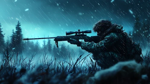 Tactical sniper operative positioned in heavy precipitation during surveillance