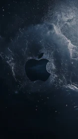 Midnight apple emblem swirling in galactic dark water.