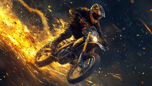 Motocross rider powers through firestorm with dynamic sparks.