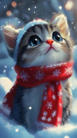 Cute winter kitten in red scarf in falling snow outdoors.