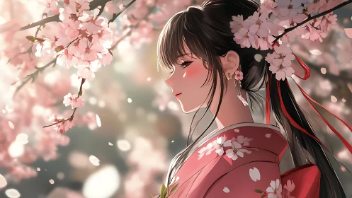 Blossom-kissed girl in pink kimono beneath drifting petals.