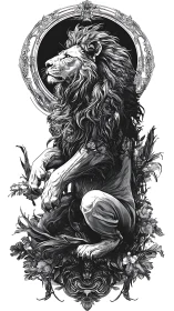 Regal lion rests in ornate floral frame with quiet strength