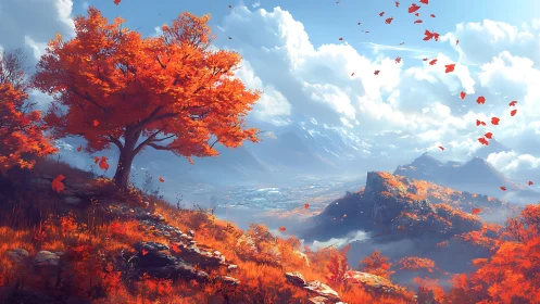 Golden autumn hillside overlooking distant blue mountains.