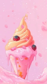 Soft serve cone illustration shows melting pink dessert