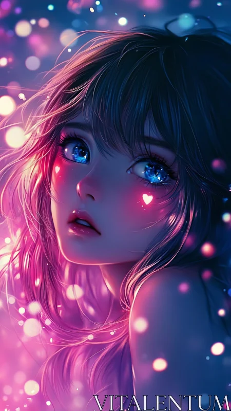 Neon-lit anime portrait of girl with glowing heart marks.