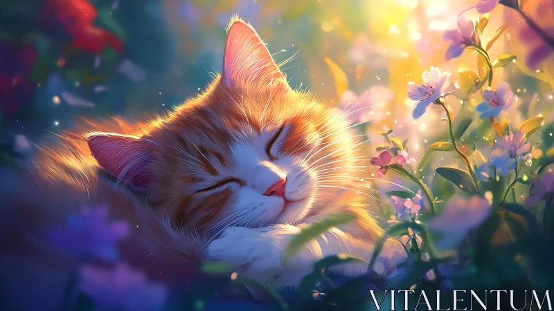 Golden Cat Surrounded by Blooming Flowers in Mystical Light