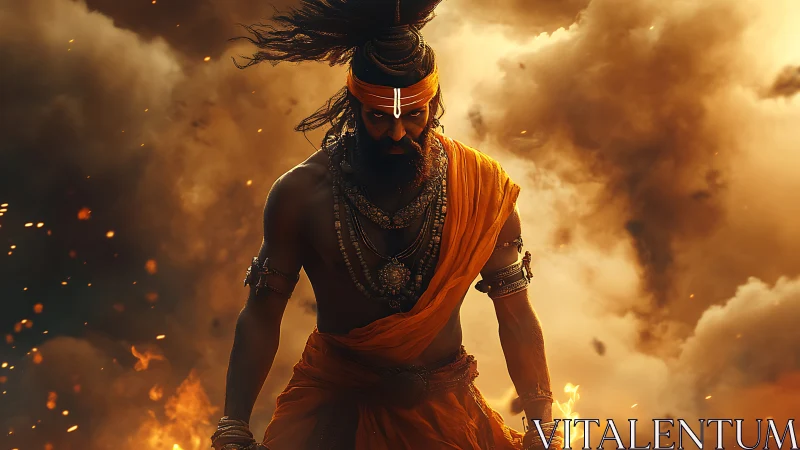 Mythic warrior ascetic amid pyroclastic cloud dynamics.