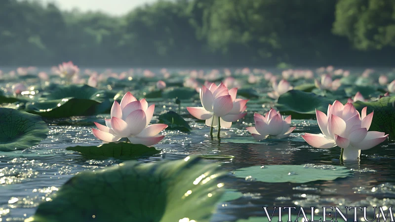 Lotus blossoms glow across a tranquil sunlit lake at dawn.