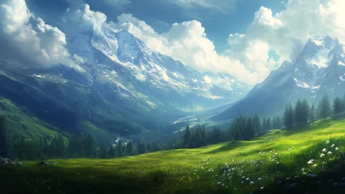 Sunlit meadows lean toward towering, cloud-draped peaks