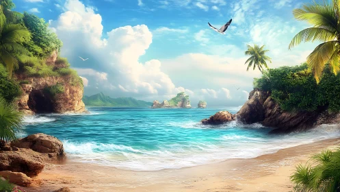 Tropical Coastal Landscape with Geological Formations and Atmospheric Rendering