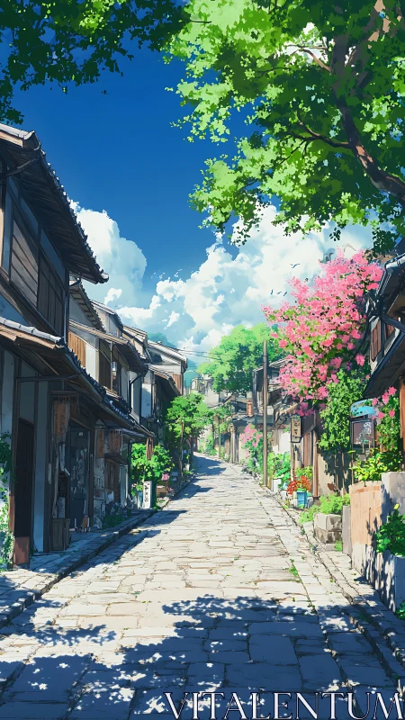 Sunlit stone street breathes quiet summer stories today