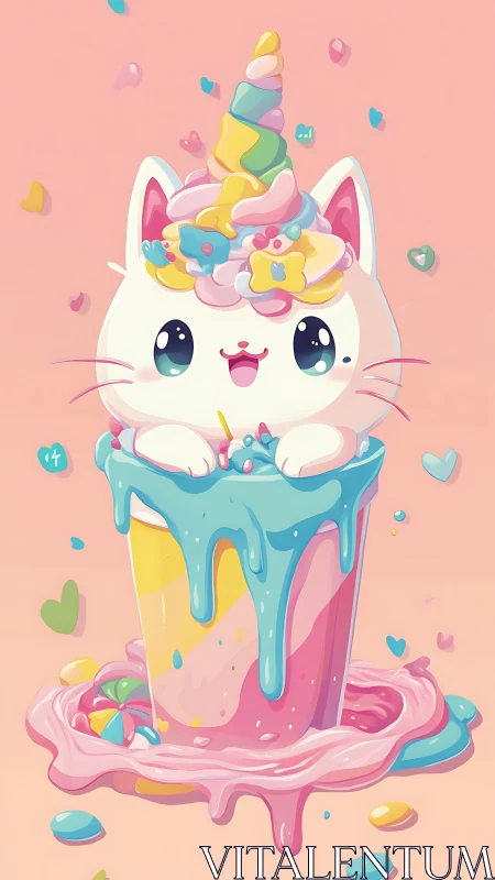 Cute pastel cat unicorn dessert in melting candy cup.