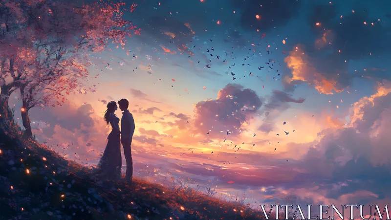 Romantic Couple Beneath Glowing Sakura Tree at Sunset.
