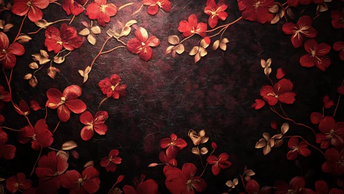 Red Pressed Flowers Frame Dark Textured Background