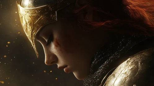 Battleworn golden knight in quiet ember kissed reverie.