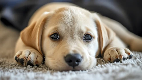 Yellow labrador puppy lying on textured carpet surface.