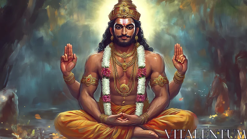 Golden sage in forest glow, crowned with calm thunderous grace.