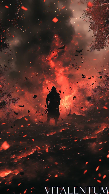 Lone hooded warrior walking through burning battlefield.