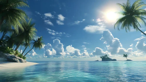 Tropical Beach Paradise with Palm Trees and Distant Islands.