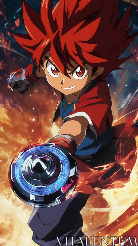 Fiery-haired blader slings a cosmos-cutting turbo strike