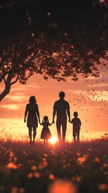 Silhouette family stands in sunset field under large tree.