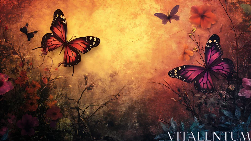 Sunlit monarch butterflies over floral twilight garden.