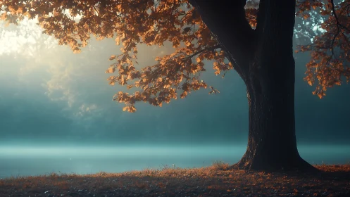 Autumn sentinel tree guarding a dreamy misty lakeshore.