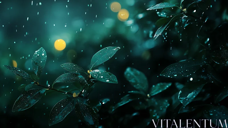 Rain on green foliage with blurred circular lights at night.
