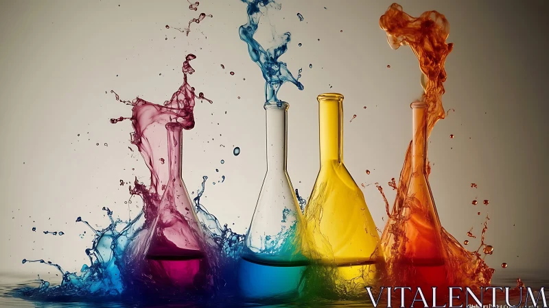 High-speed splash capture of colored lab flasks under studio lighting