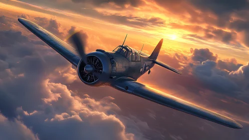 Sunset flight with a lone vintage plane above soft clouds.