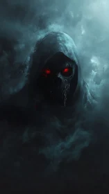 Hooded skeletal wraith emerges from dense swirling fog
