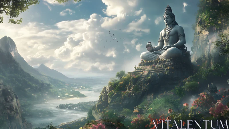 Colossal seated deity overlooking verdant river valley at dawn.