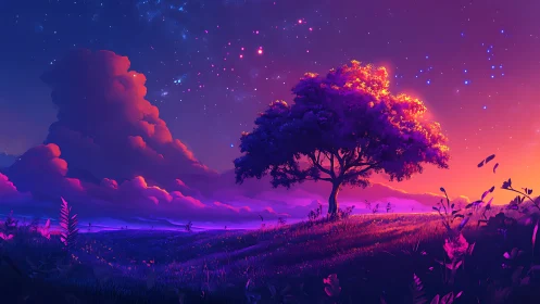 Gradient-lit lone tree under saturated twilight sky and stars