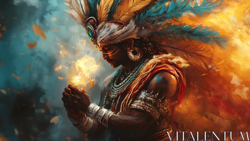 Fire bearing warrior in glowing feathers and swirling light.