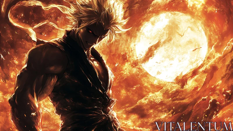 Blazing warrior ascends beneath an apocalyptic solar inferno.